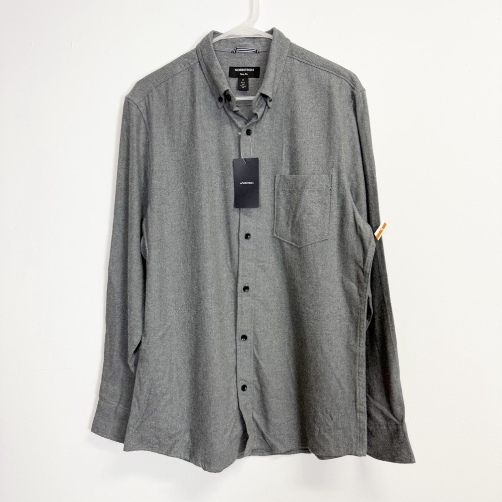 Nordstrom Shirt Mens Medium Gray Button Up Trim Fit Long Sleeve Pocket Cotton